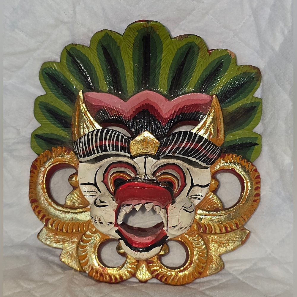Miniature Indonesian Balinese Polychrome Carved Barong Mask